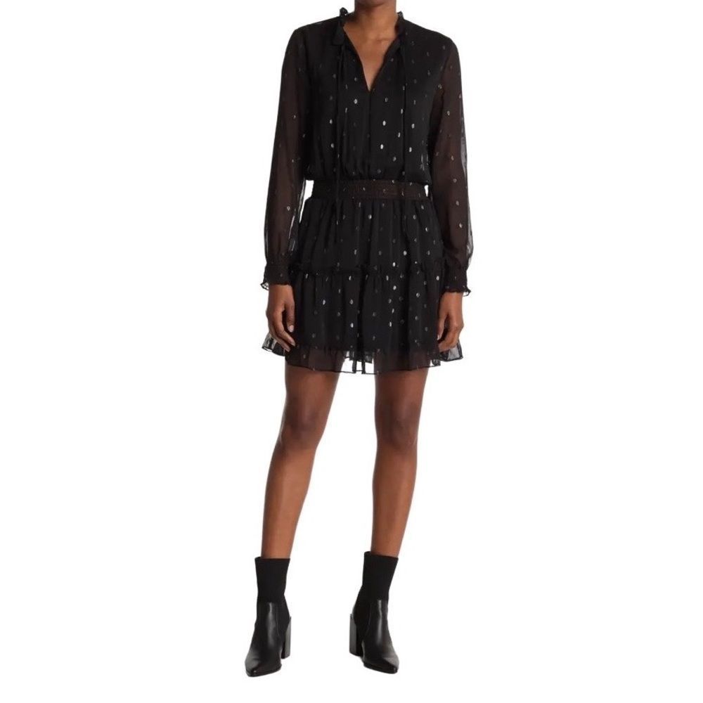 NSR NWT Black & Silver Chiffon Swiss Dot Long Sleeve Edgy Ruffle Mini Dress S